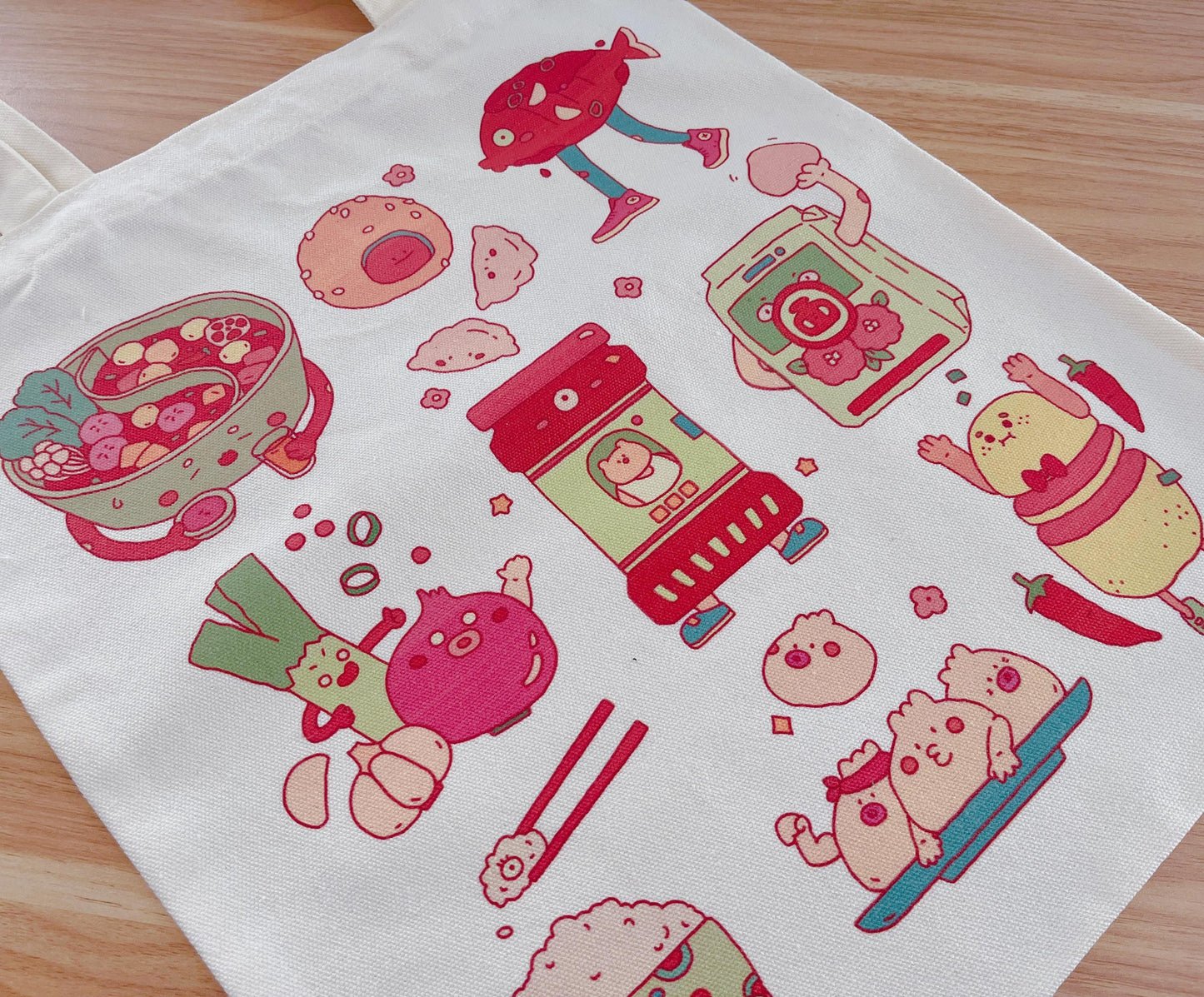 Colorful Asian Food Embroidered Canvas Tote Bag - Kawaii Bag