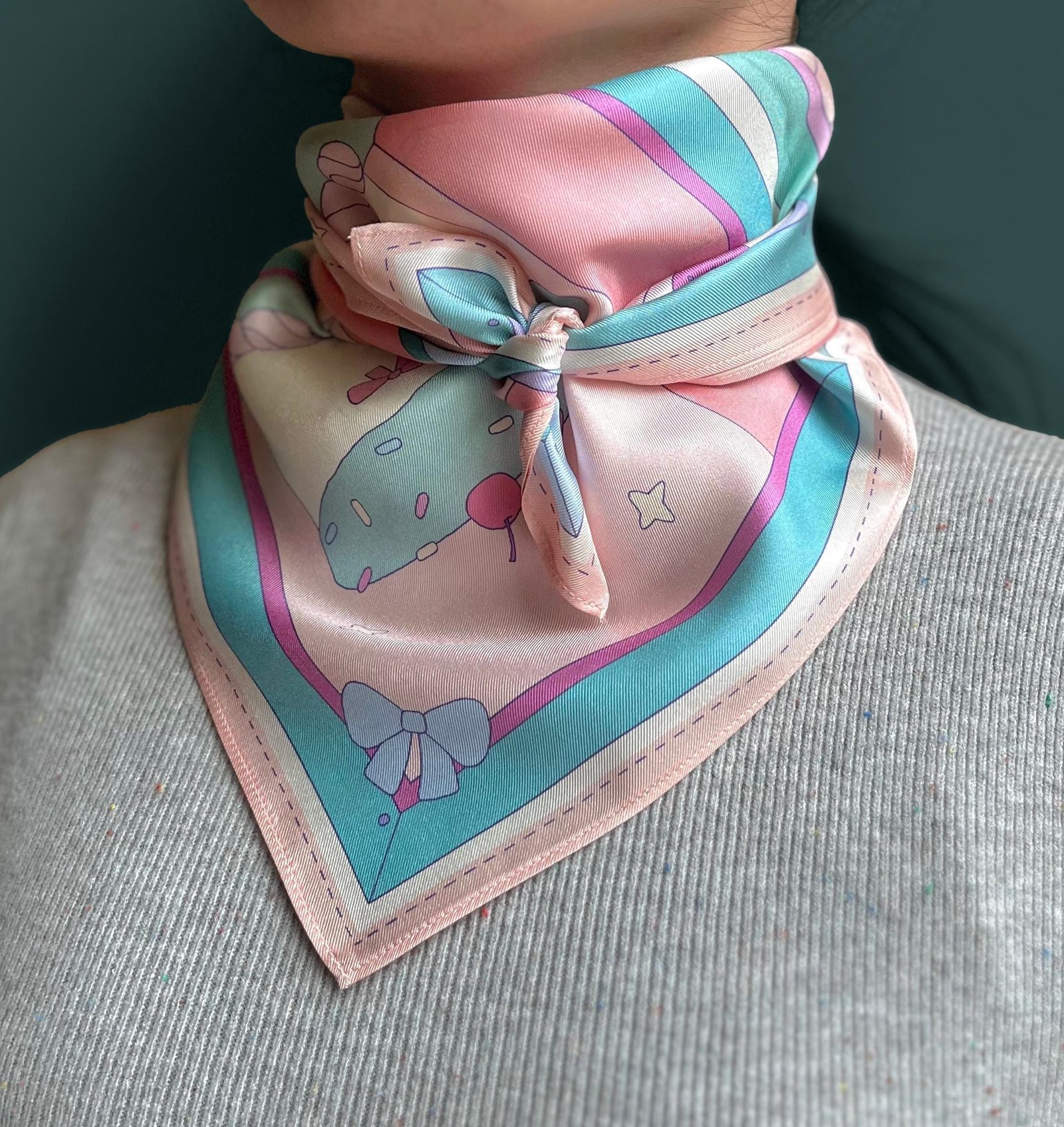 a model with the cake silk scarf