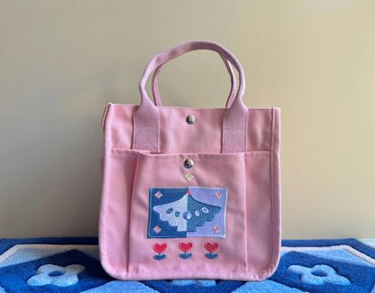 Baby Pink Bird Embroidered Canvas Tote Bag - Kawaii Aesthetic School Bag